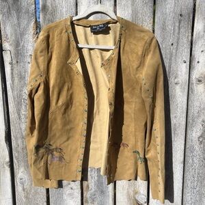 Patricia Wolf leather suede jacket hand painted Indian ponies turquoise studs L